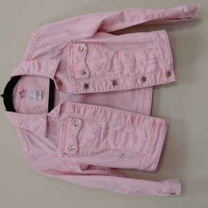 Guess cropped pink denim jacket with ripped details
